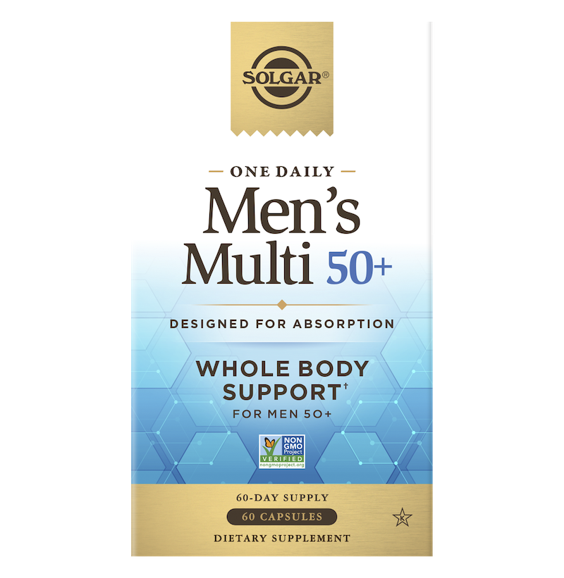 A box of Solgar One Daily Men's Multi 50+ supplement capsules on a white background.