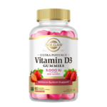 A bottle of Solgar Ultra Potency Vitamin D3 Gummies on a white background.