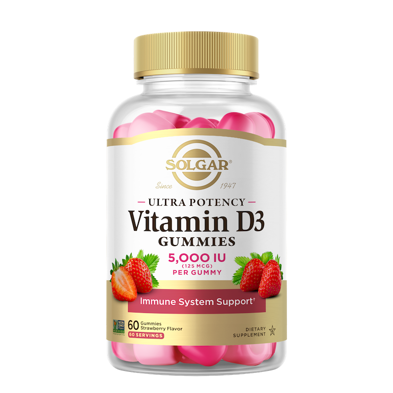 A bottle of Solgar Ultra Potency Vitamin D3 Gummies on a white background.