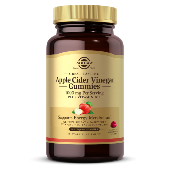 An amber glass bottle of Solgar Apple Cider Vinegar Gummies against a plain white background.