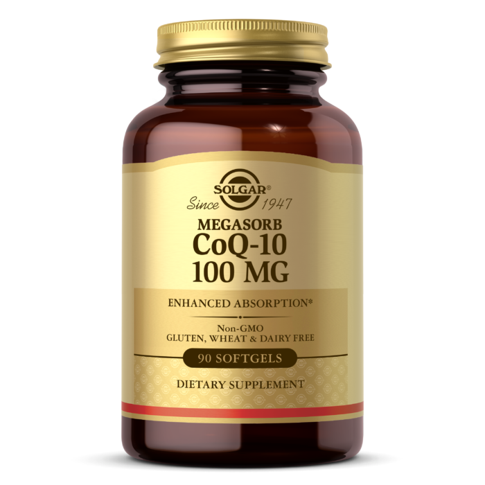 An amber glass bottle of Solgar's Megasorb CoQ10 100mg softgels on a white backdrop.