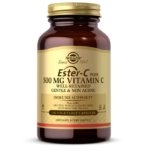 An amber glass bottle of Solgar's Ester-C Plus 500mg Vitamin C Vegetable Capsules on a white backdrop.