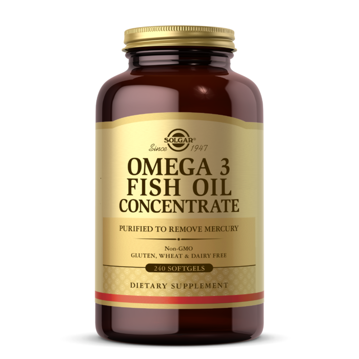 An amber glass bottle of Solgar's Omega-3 Fish Oil Concentrate Softgels on a white backdrop.