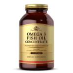 An amber glass bottle of Solgar's Omega-3 Fish Oil Concentrate Softgels on a white backdrop.