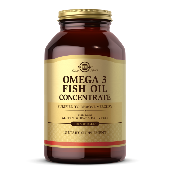 An amber glass bottle of Solgar's Omega-3 Fish Oil Concentrate Softgels on a white backdrop.