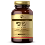 An amber glass bottle bottle of Solgar's Triple Strength Omega-3 950mg Softgels on a white backdrop.