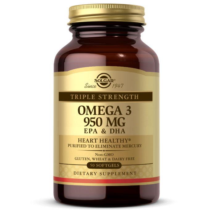 An amber glass bottle bottle of Solgar's Triple Strength Omega-3 950mg Softgels on a white backdrop.